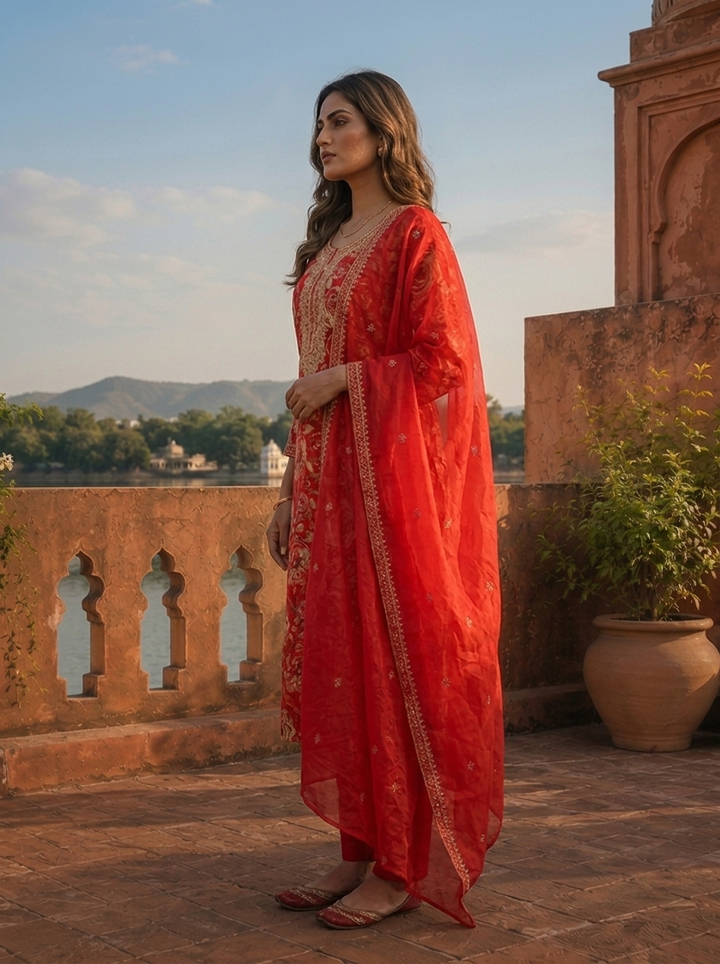 Red Silk Watercolor Floral Printed Three Piece Set