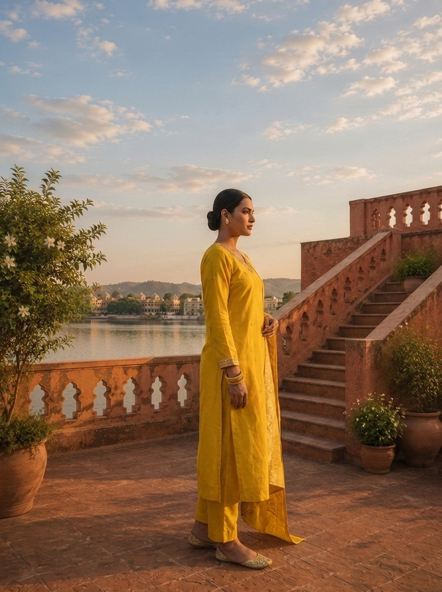 Yellow Silk Stone Embroidered Three Piece Set