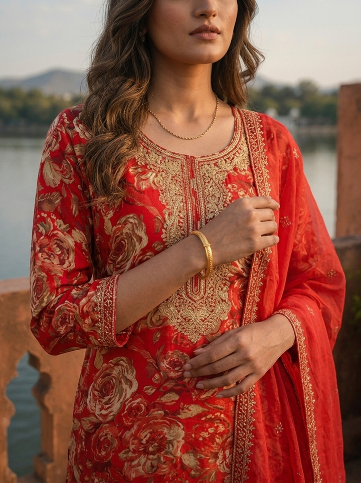Red Silk Watercolor Floral Printed Three Piece Set