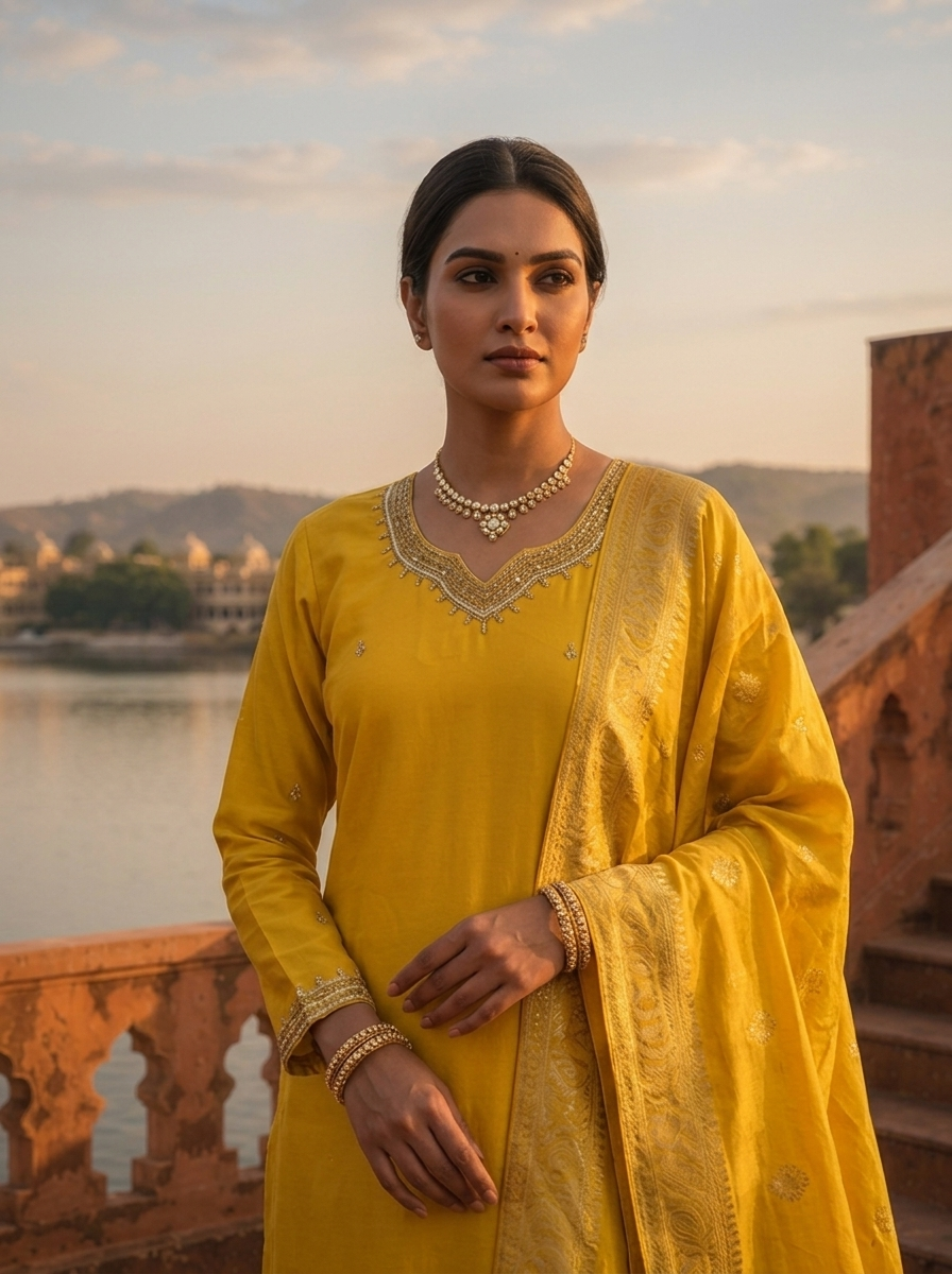 Yellow Silk Stone Embroidered Three Piece Set