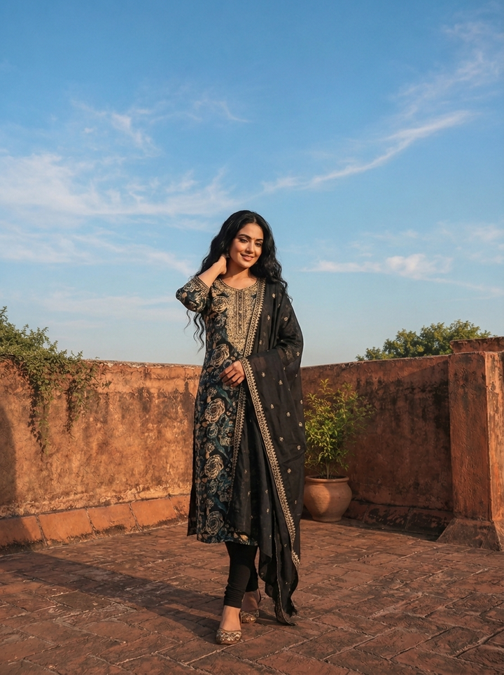 Navy Blue Silk Watercolor Floral Printed Three Piece Set