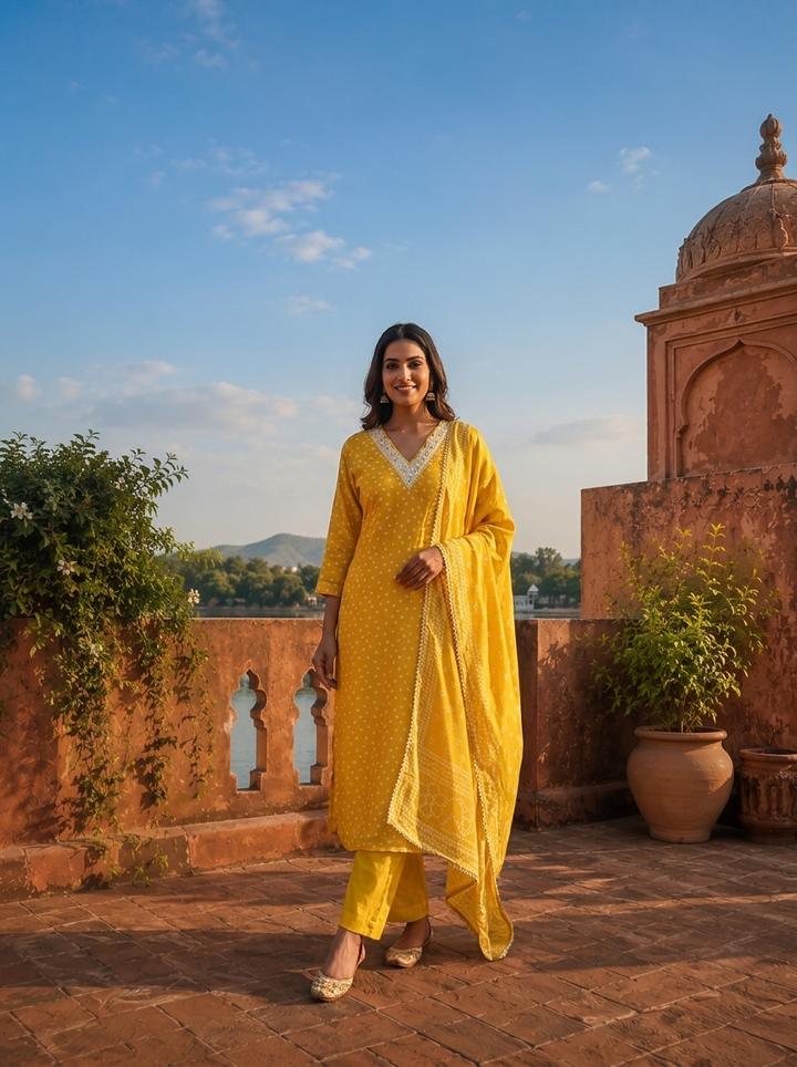 Lemon Silk Printed Three Piece Set