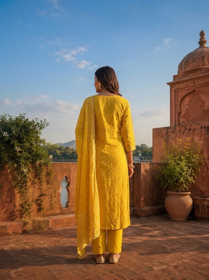 Lemon Silk Printed Three Piece Set