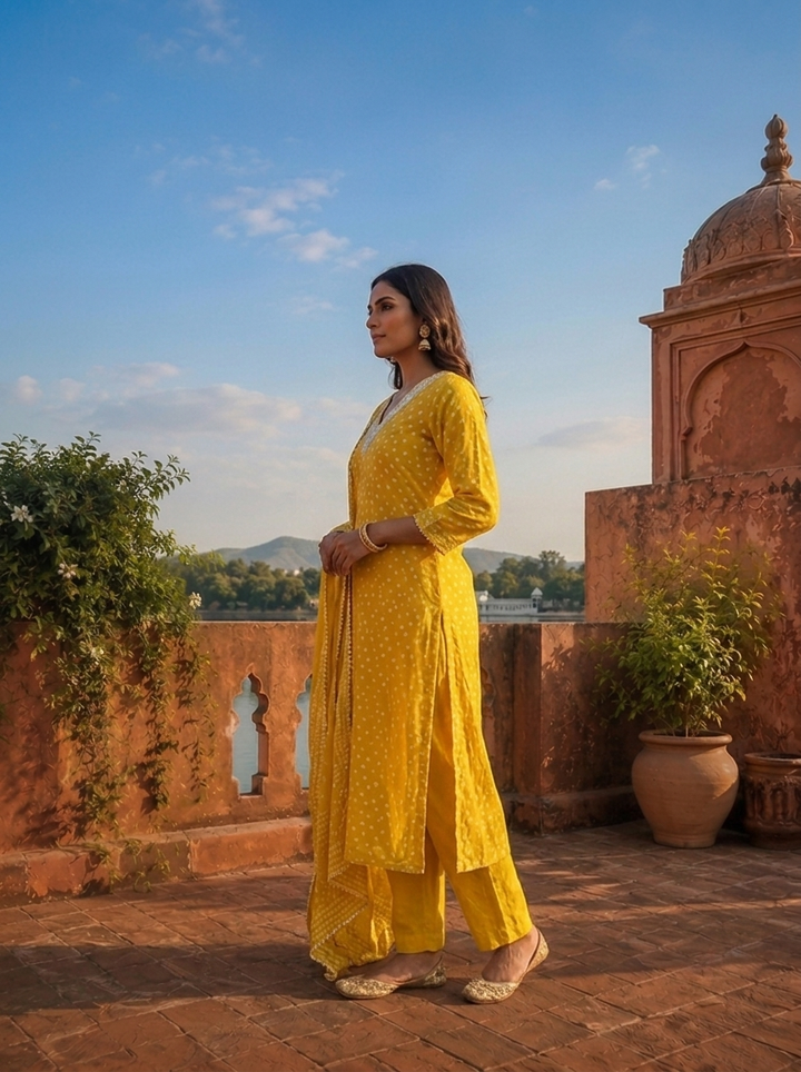 Lemon Silk Printed Three Piece Set