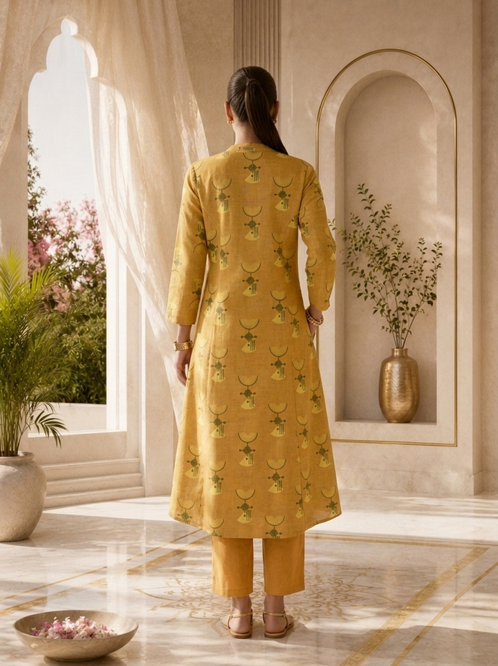 Mustard Linen Tribal Geometric Printed Two Piece Set