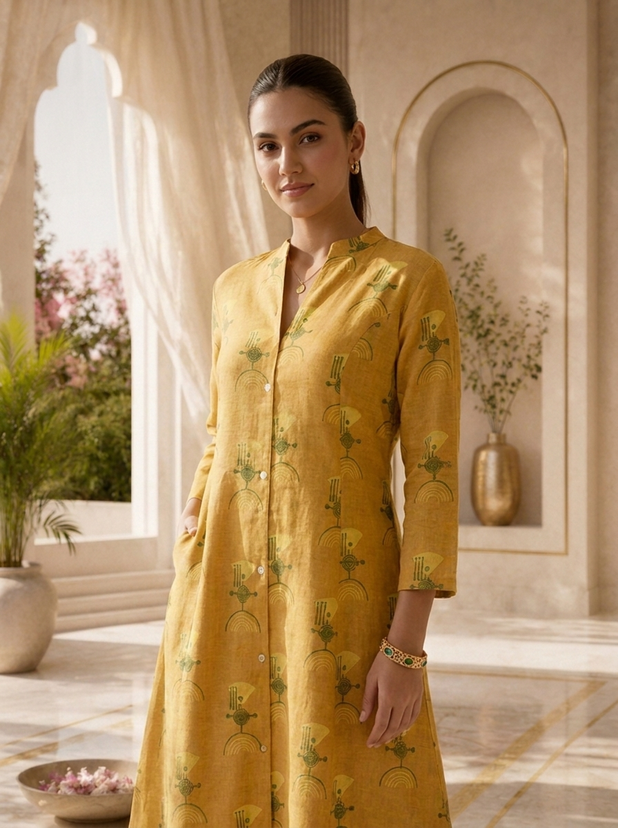 Mustard Linen Tribal Geometric Printed Two Piece Set