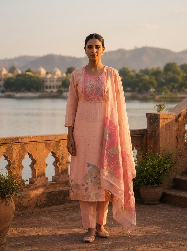 Onion Chanderi Silk Golden Tree And Bird Woven Motif Embroidered Three Piece Set