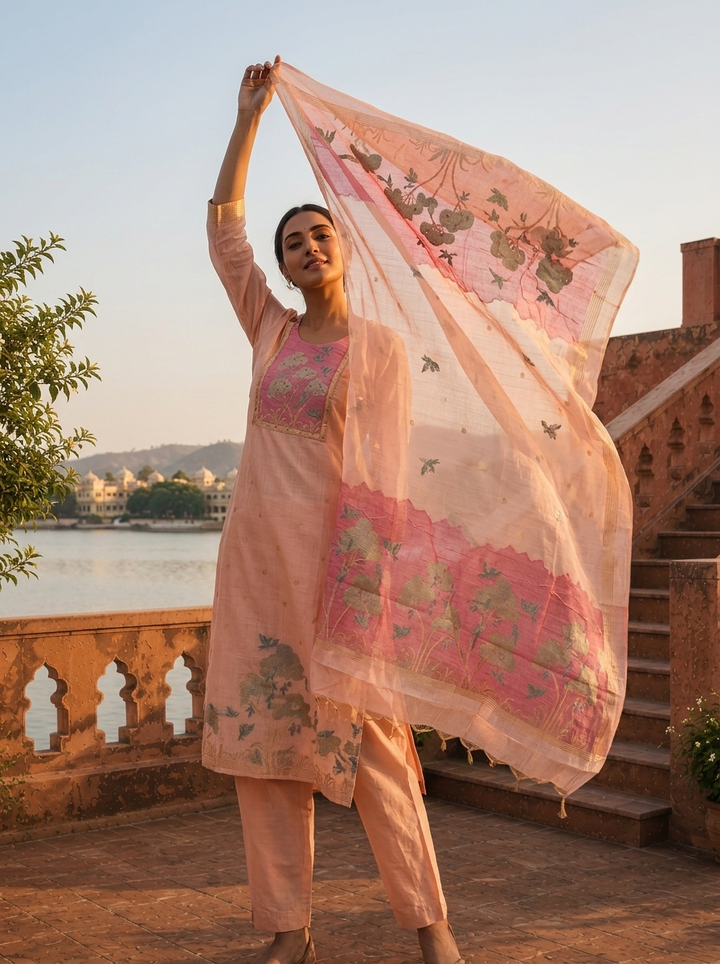 Onion Chanderi Silk Golden Tree And Bird Woven Motif Embroidered Three Piece Set