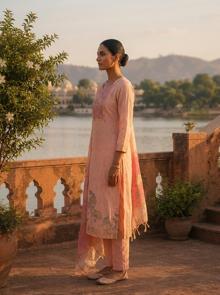 Onion Chanderi Silk Golden Tree And Bird Woven Motif Embroidered Three Piece Set