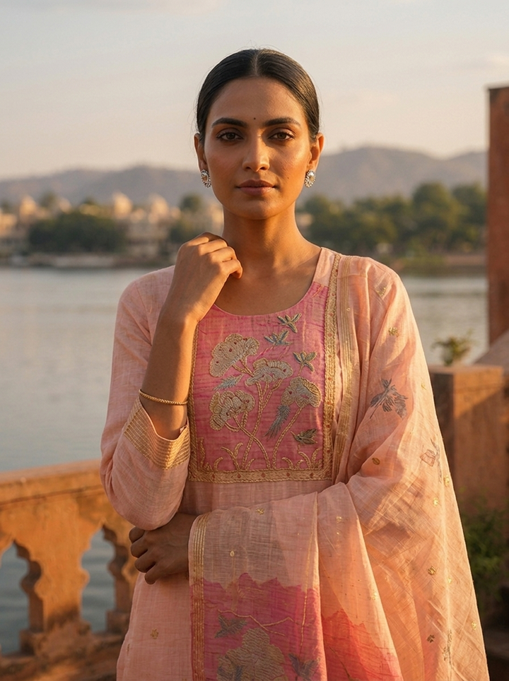 Onion Chanderi Silk Golden Tree And Bird Woven Motif Embroidered Three Piece Set