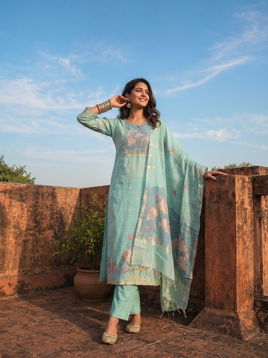 Ice Blue Chanderi Silk Golden Tree And Bird Woven Motif Embroidered Three Piece Set