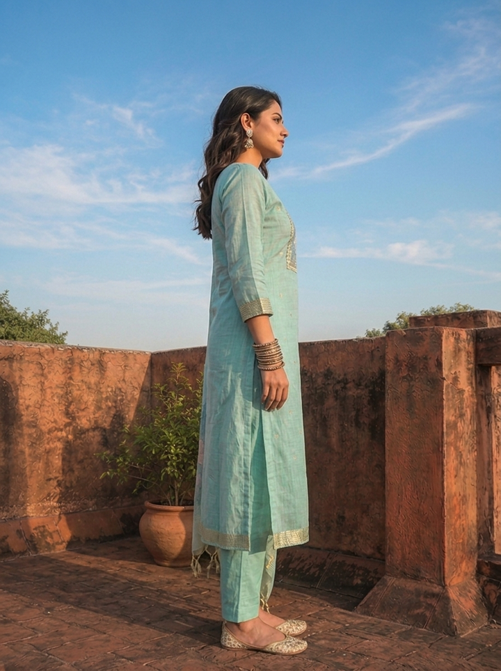Ice Blue Chanderi Silk Golden Tree And Bird Woven Motif Embroidered Three Piece Set