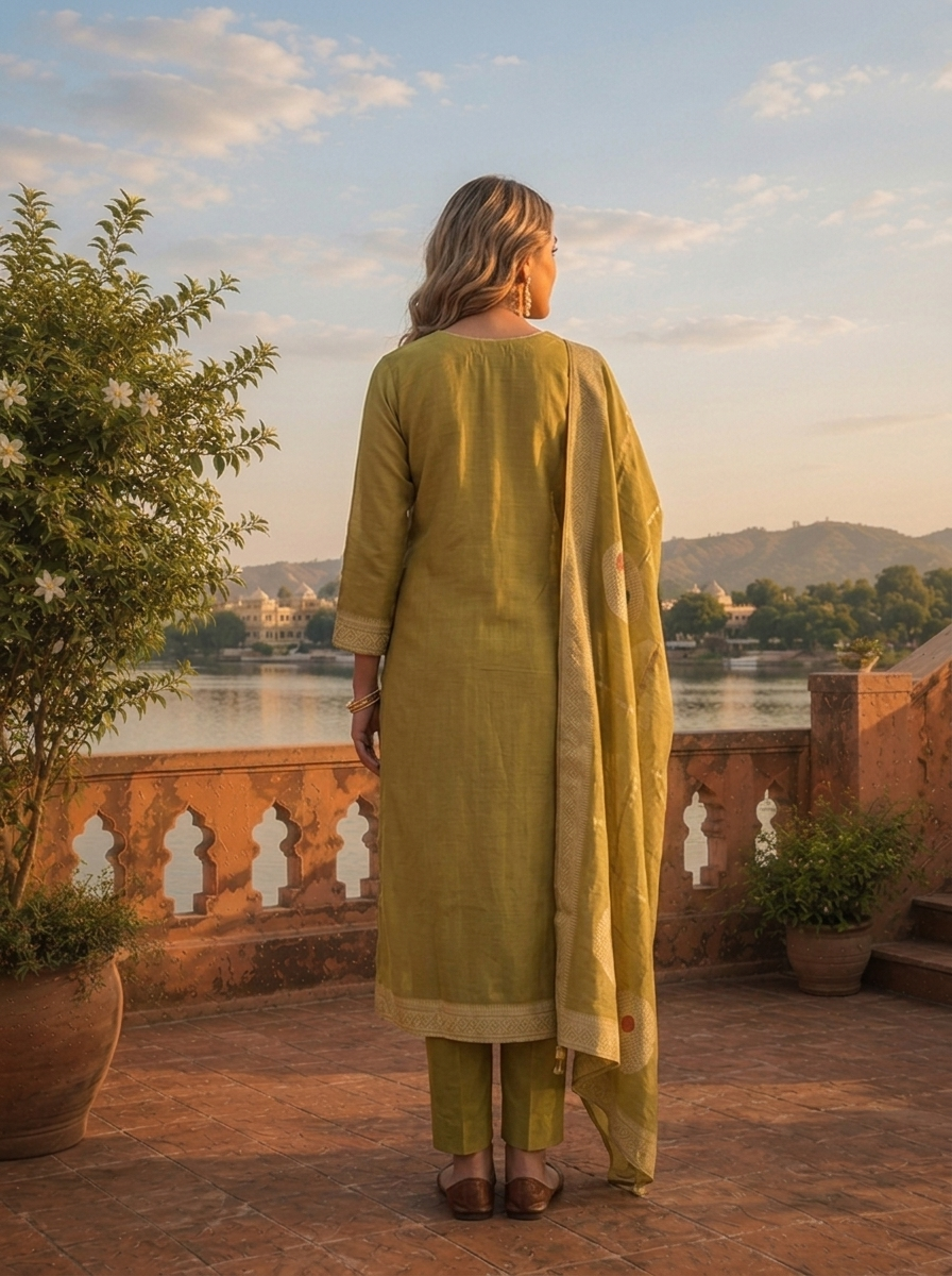 Mehadi Green Chanderi Silk Garden Floral Weaved Three Piece Set