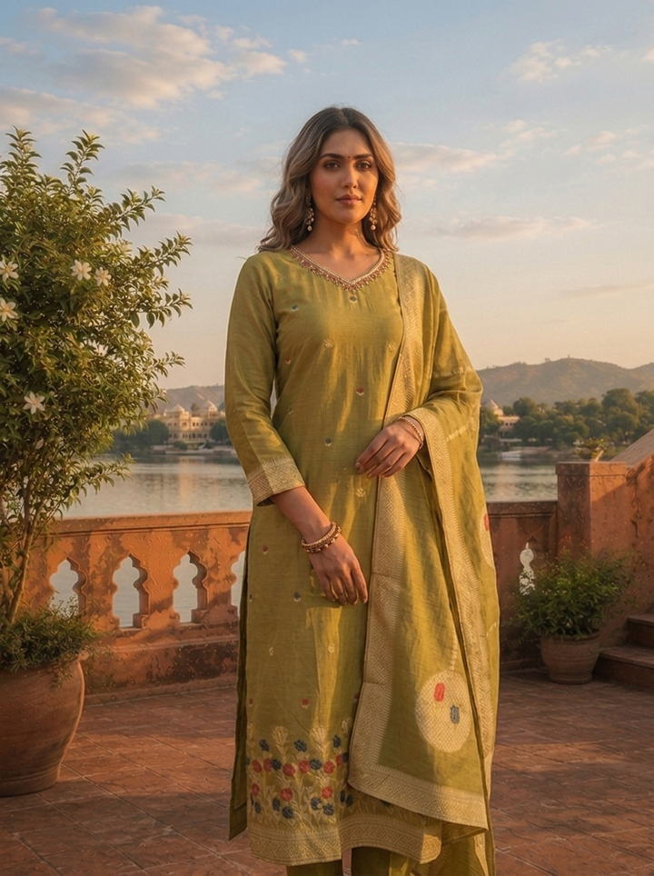 Mehadi Green Chanderi Silk Garden Floral Weaved Three Piece Set