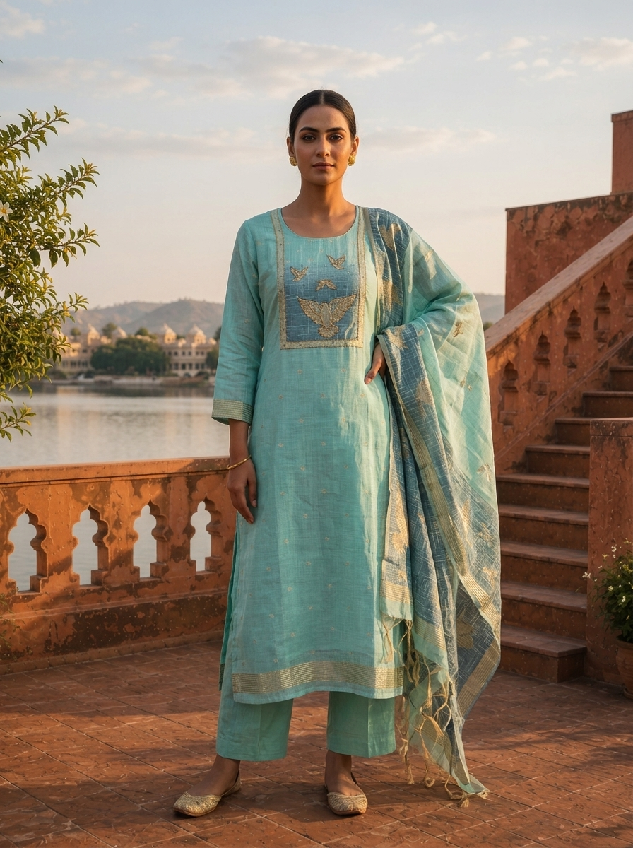 Ice Blue Chanderi Silk Golden Bird Motifs Embroidered Three Piece Set