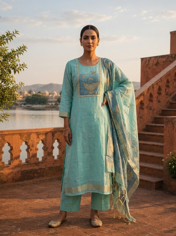 Ice Blue Chanderi Silk Golden Bird Motifs Embroidered Three Piece Set