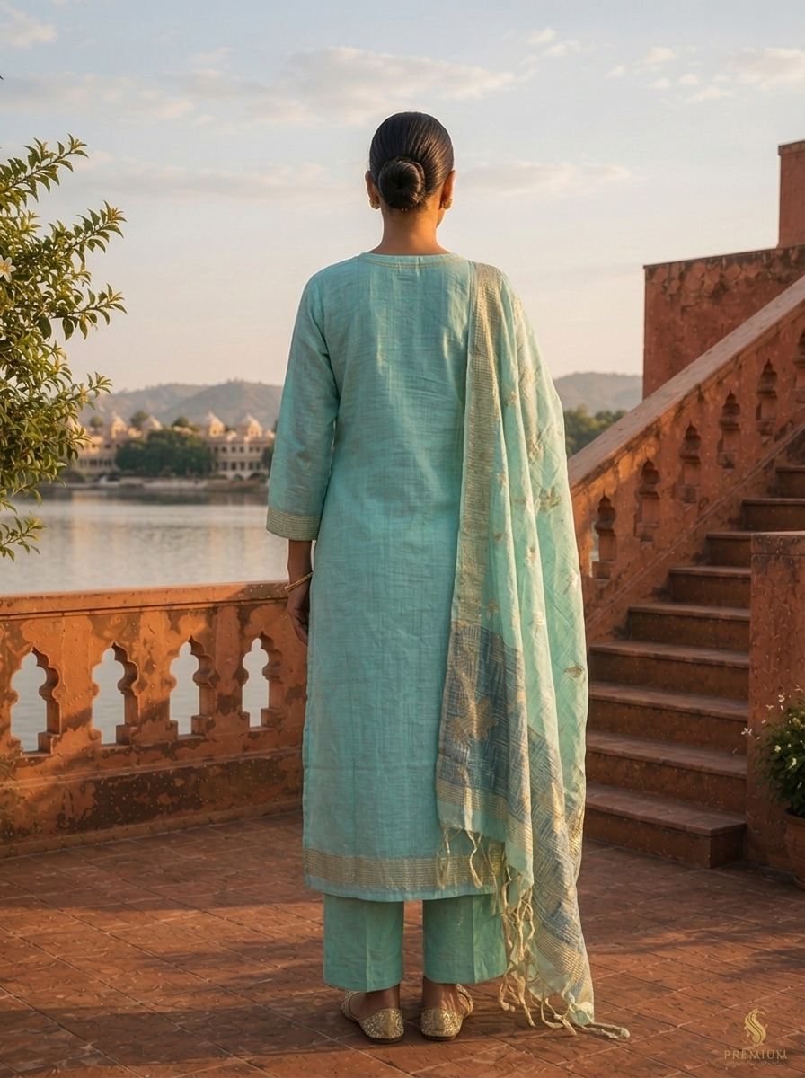 Ice Blue Chanderi Silk Golden Bird Motifs Embroidered Three Piece Set