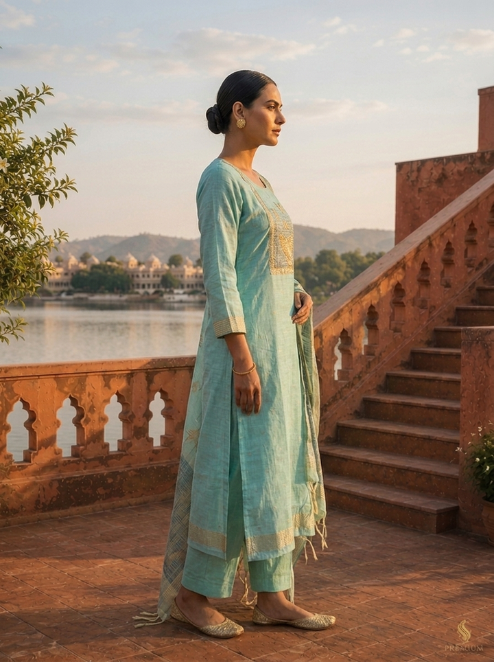 Ice Blue Chanderi Silk Golden Bird Motifs Embroidered Three Piece Set