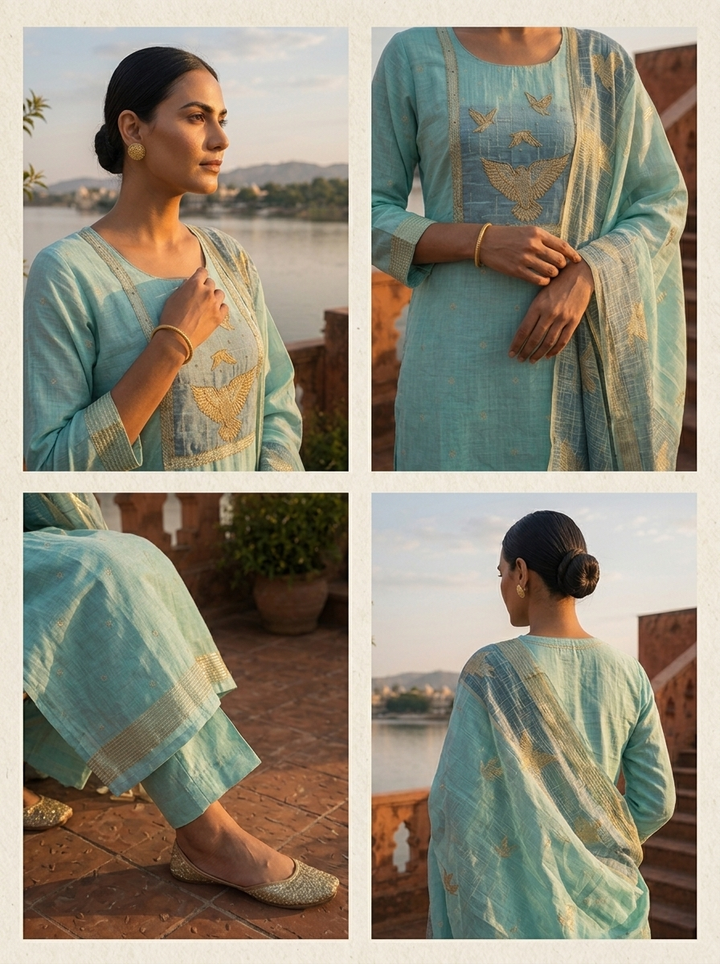 Ice Blue Chanderi Silk Golden Bird Motifs Embroidered Three Piece Set