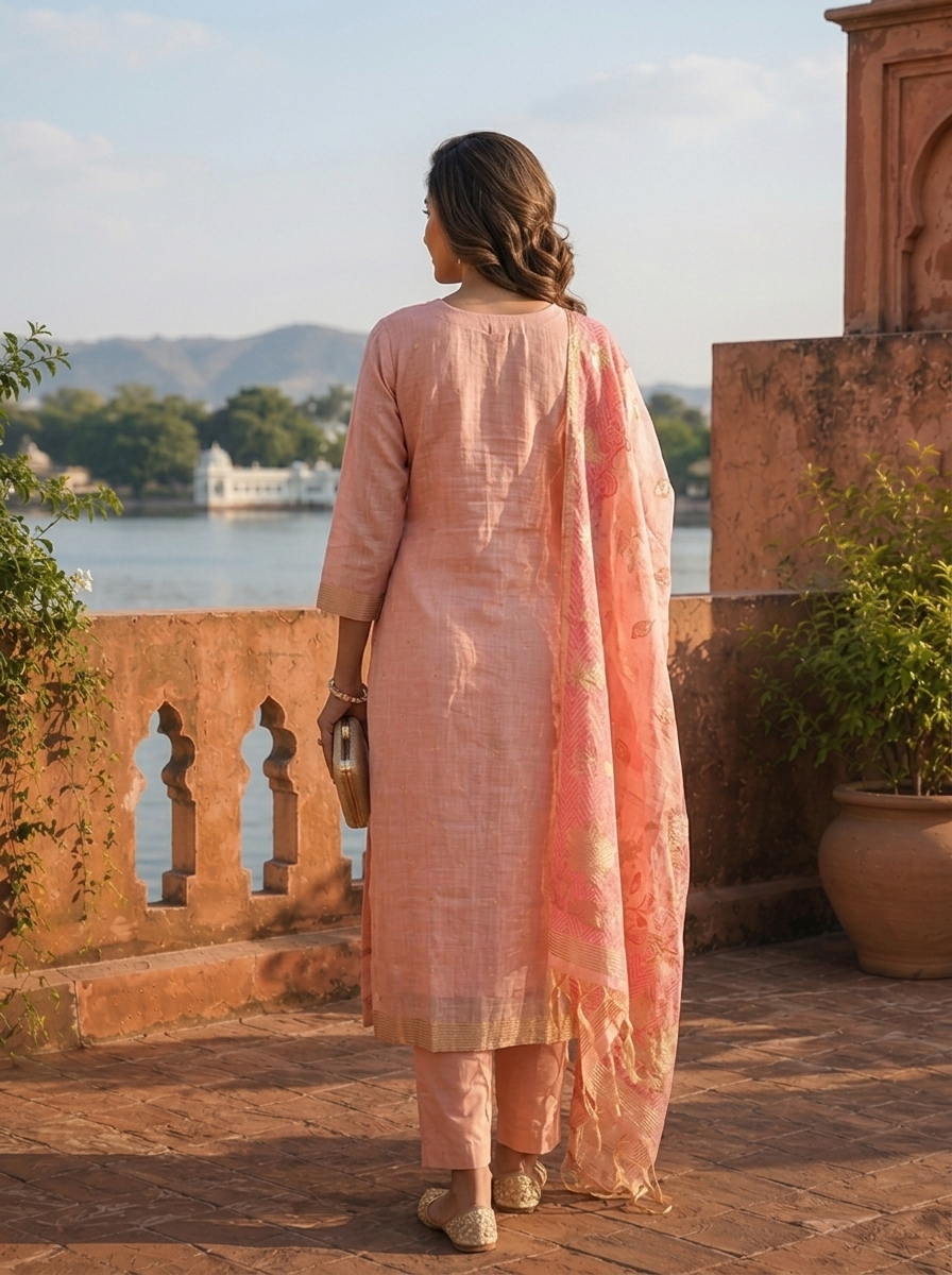 Onion Chanderi Silk Golden Bird Motifs Embroidered Three Piece Set