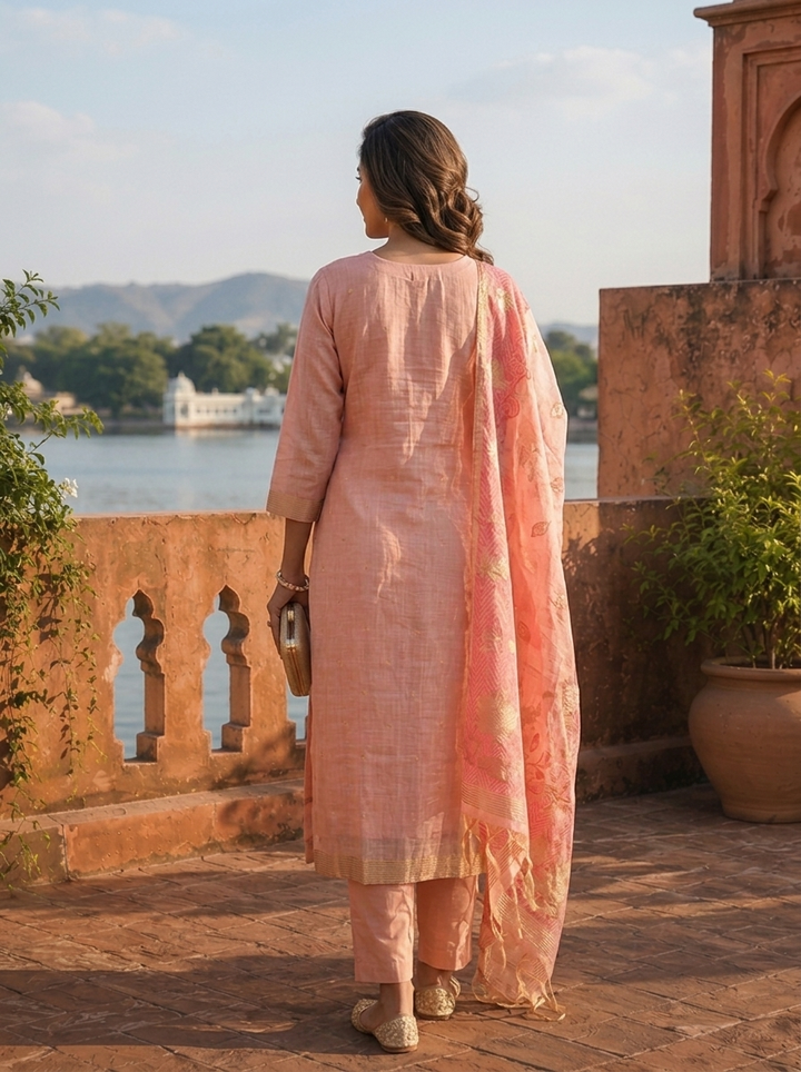 Onion Chanderi Silk Golden Bird Motifs Embroidered Three Piece Set