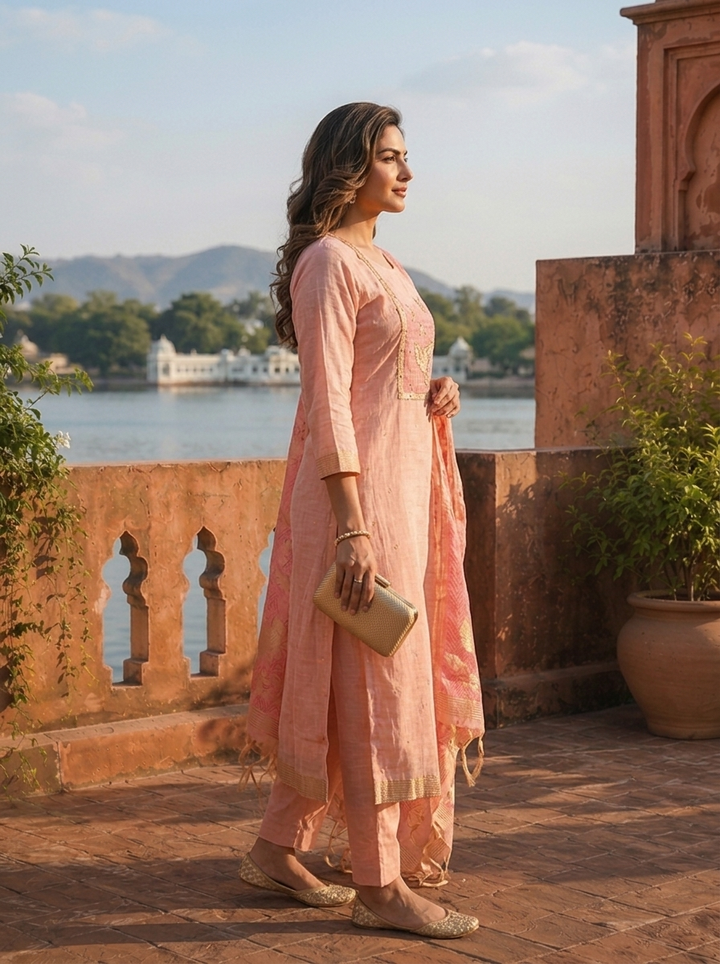 Onion Chanderi Silk Golden Bird Motifs Embroidered Three Piece Set