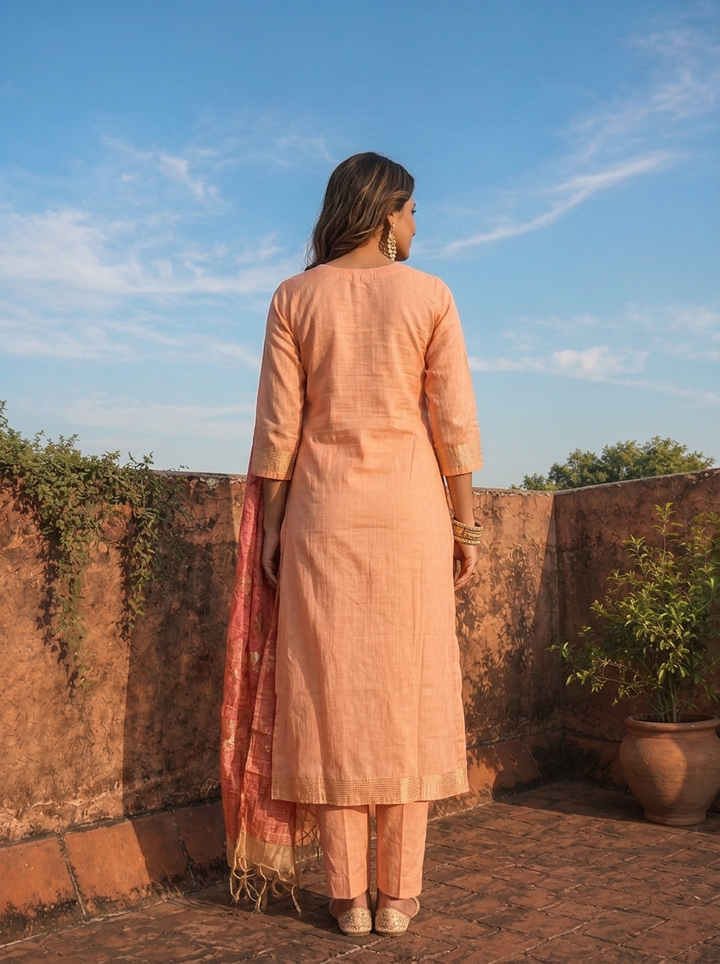 Peach Chanderi Silk Golden Bird Motifs Embroidered Three Piece Set