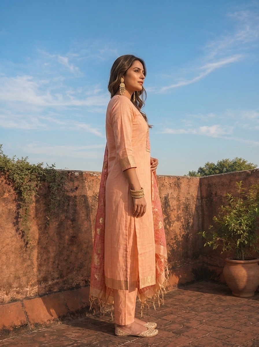 Peach Chanderi Silk Golden Bird Motifs Embroidered Three Piece Set