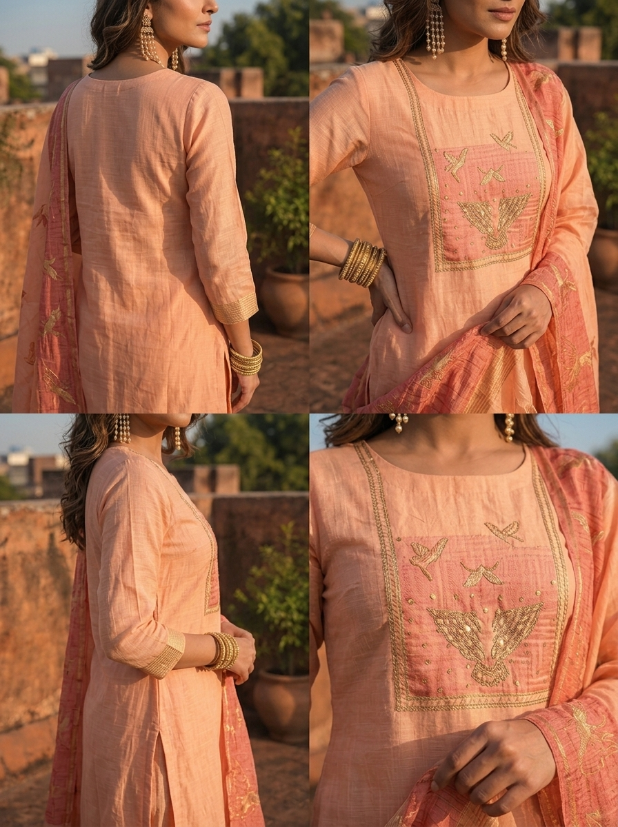 Peach Chanderi Silk Golden Bird Motifs Embroidered Three Piece Set