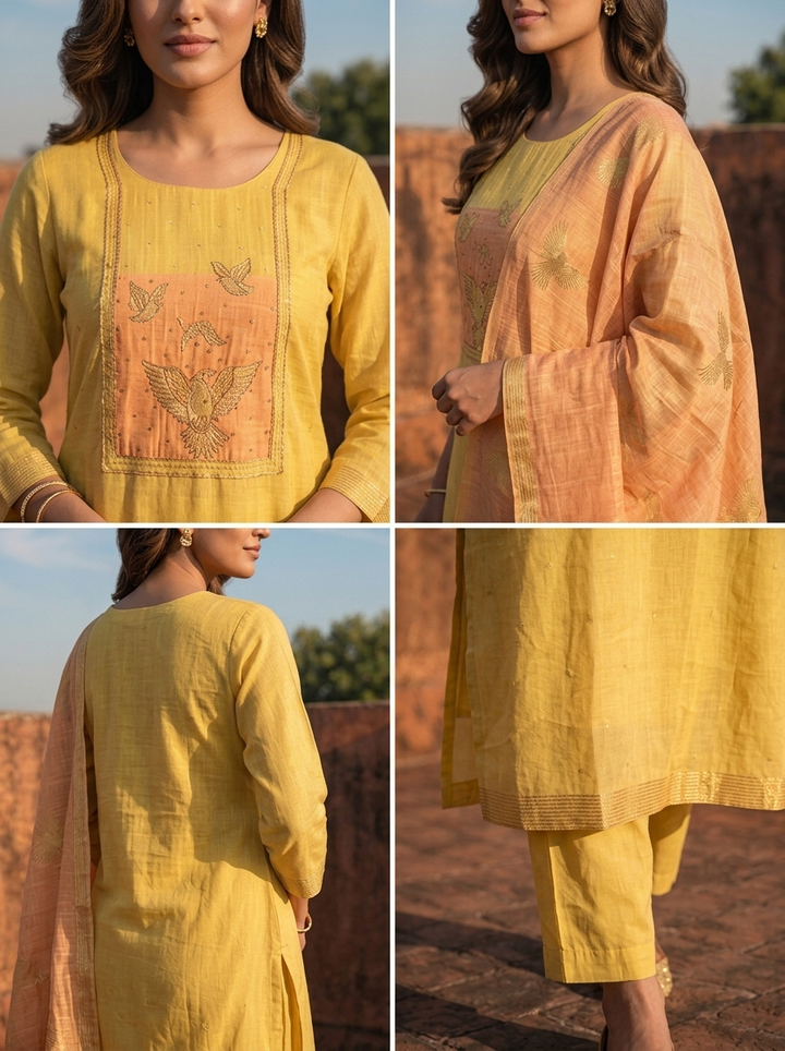 Yellow Chanderi Silk Golden Bird Motifs Embroidered Three Piece Set