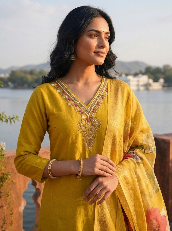 Green Rayon Stone And Thread Embroidered Three Piece Set