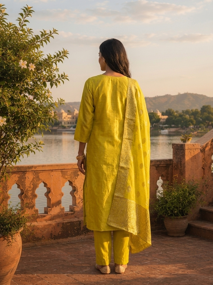 Lime Silk Zari Weaved Three Piece Set