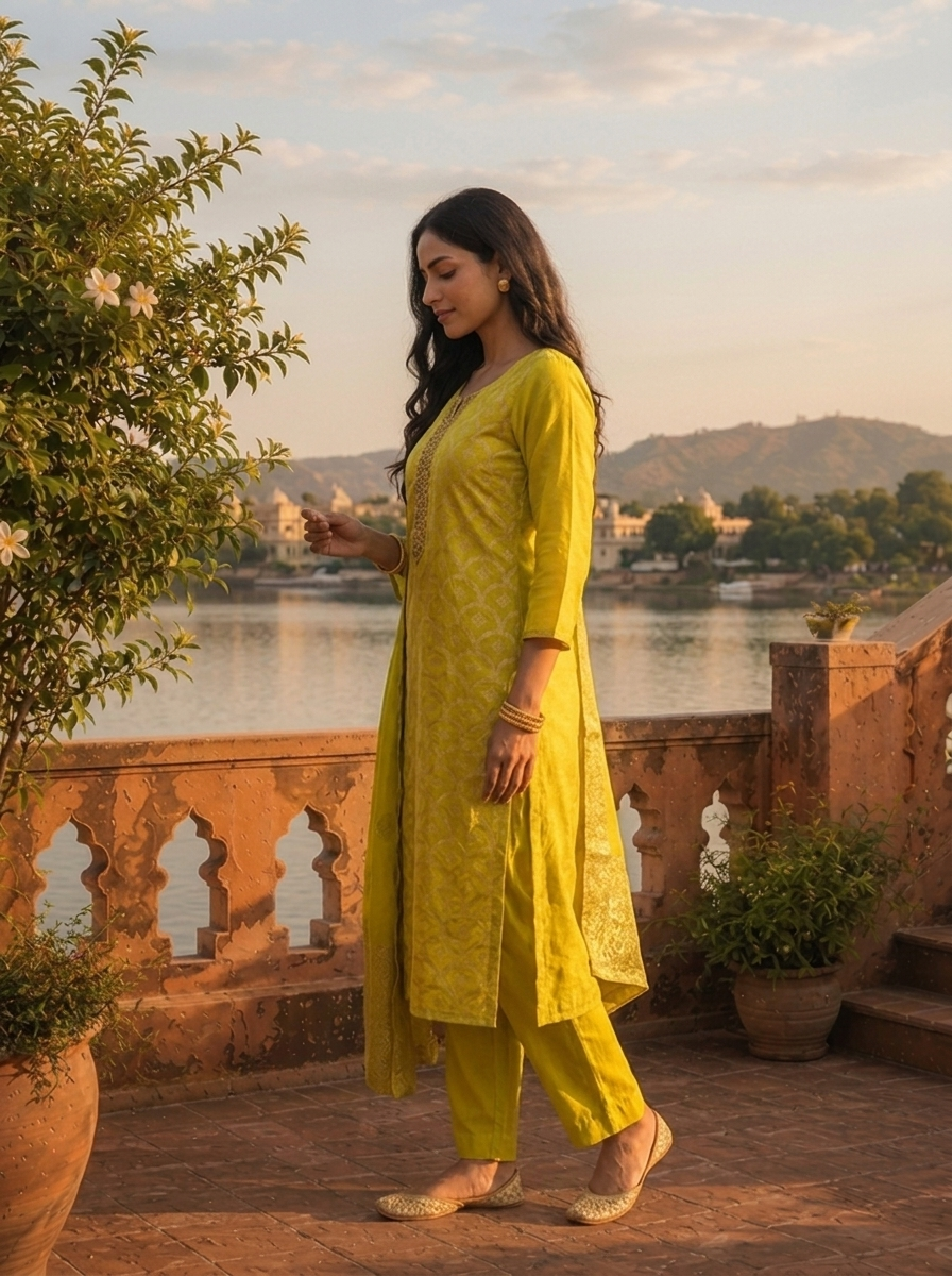 Lime Silk Zari Weaved Three Piece Set