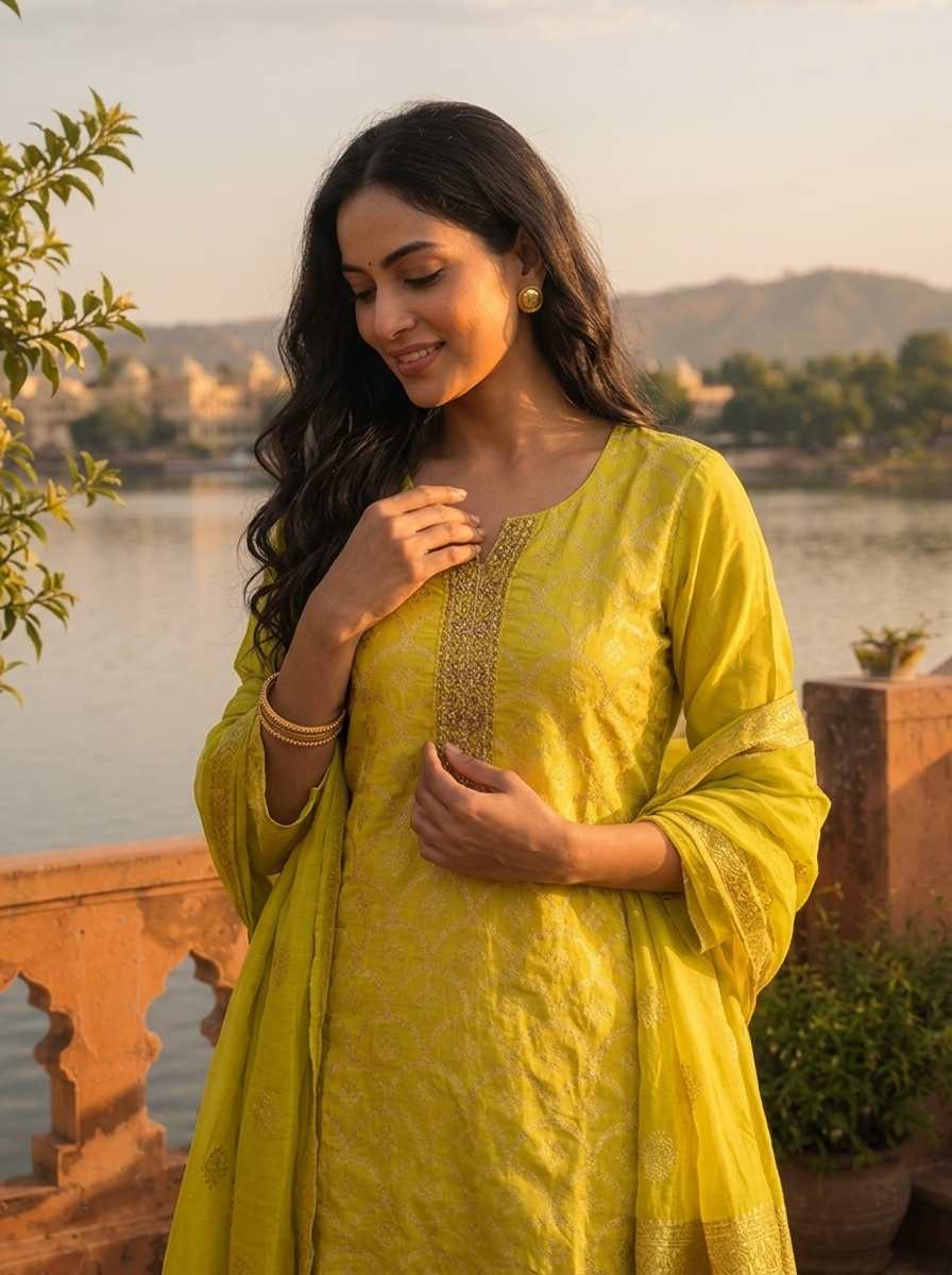 Lime Silk Zari Weaved Three Piece Set