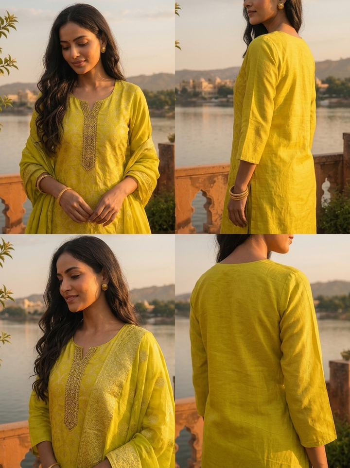Lime Silk Zari Weaved Three Piece Set