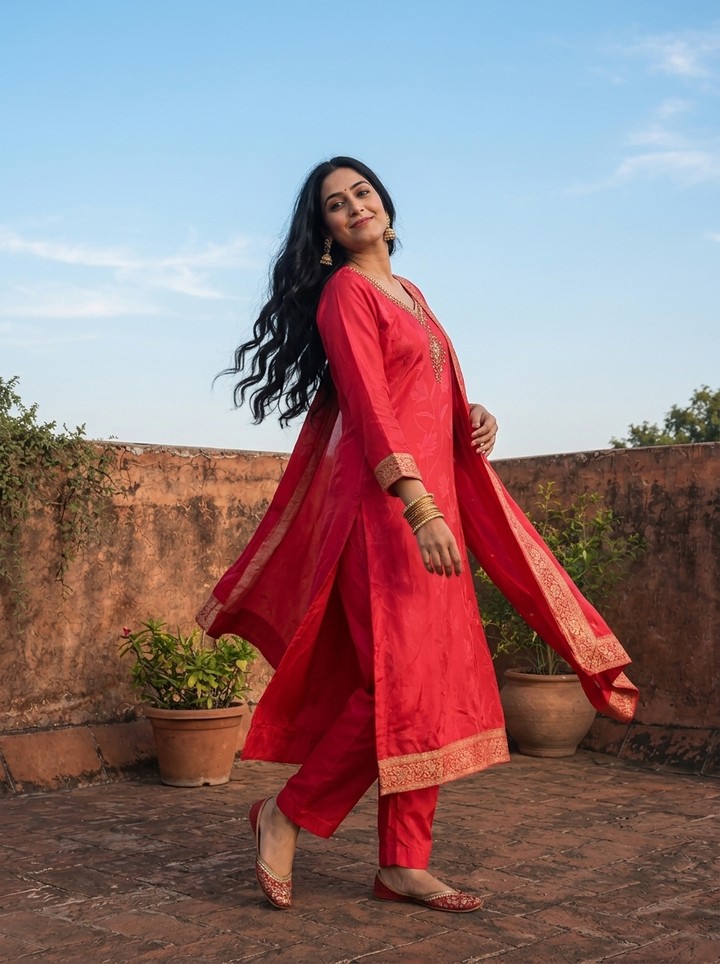 Rani Pink Silk Floral Weaved Three Piece Set
