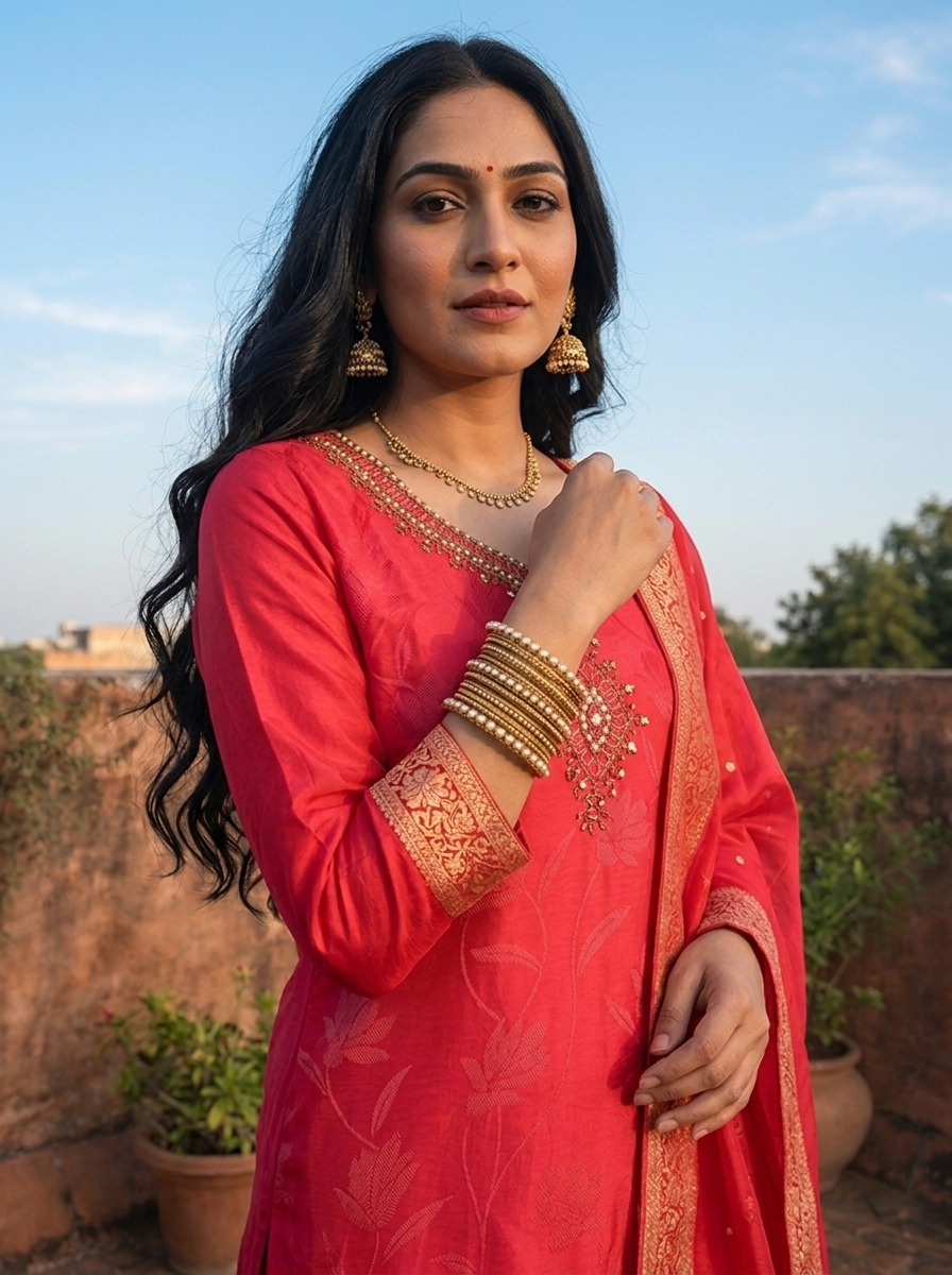Rani Pink Silk Floral Weaved Three Piece Set