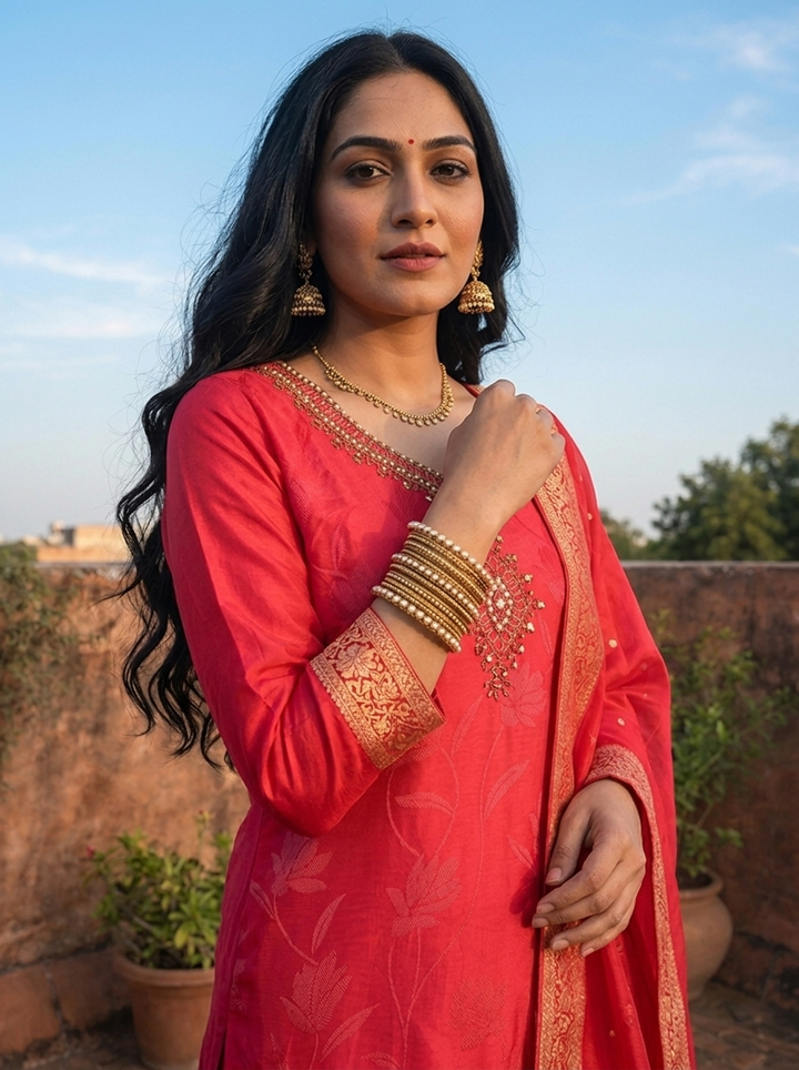 Rani Pink Silk Floral Weaved Three Piece Set