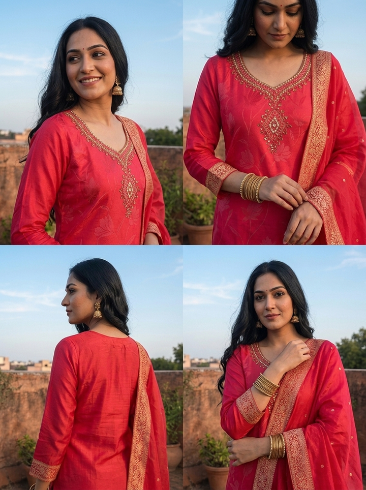 Rani Pink Silk Floral Weaved Three Piece Set