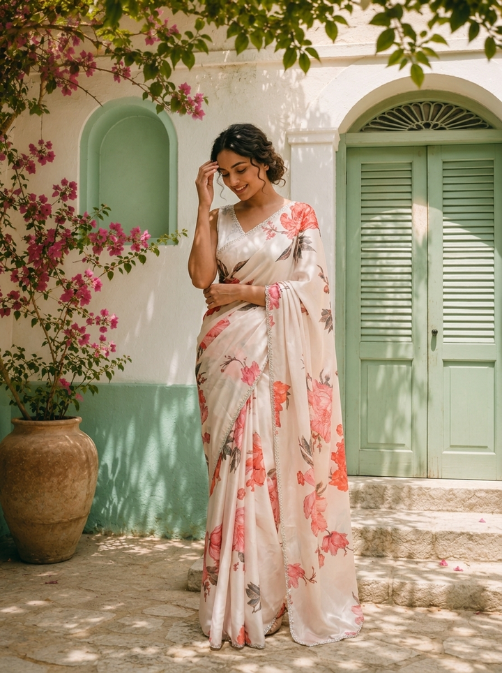 Off White Satin Lotus Floral Printed Saree