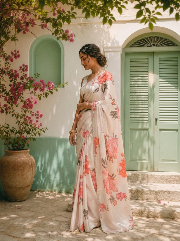 Off White Satin Lotus Floral Printed Saree