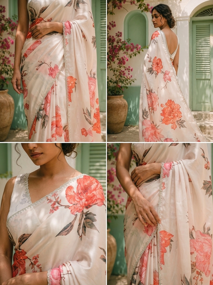Off White Satin Lotus Floral Printed Saree