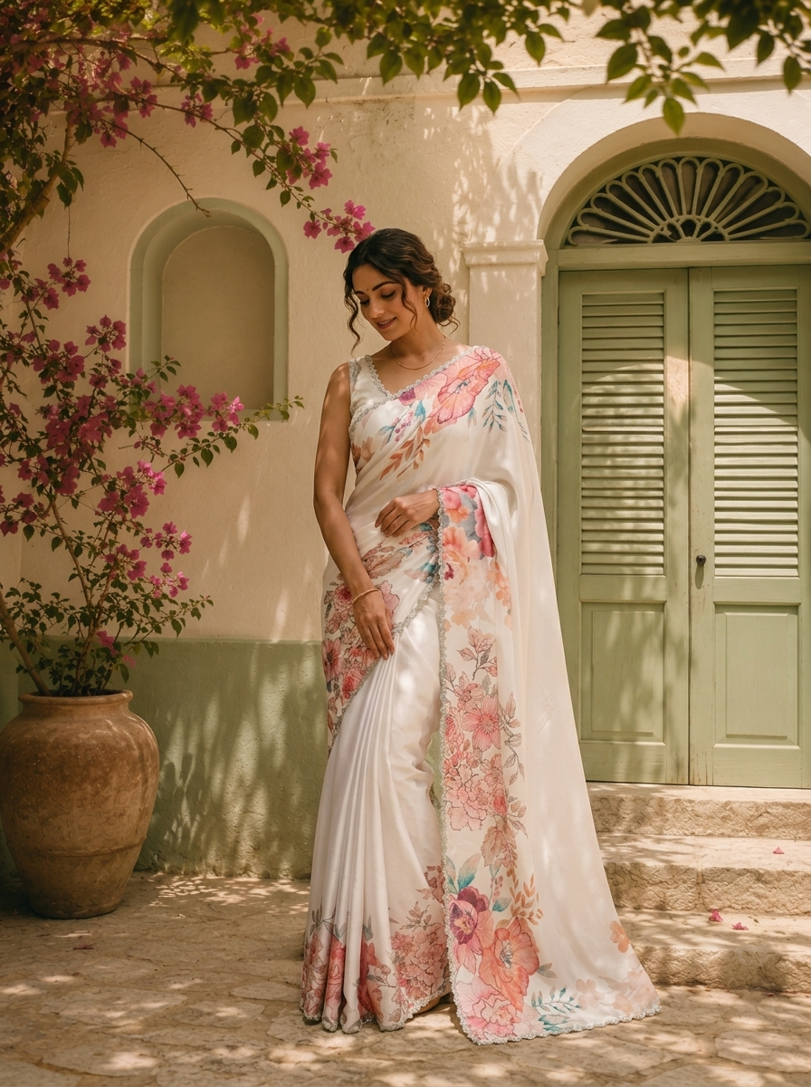 Off White Satin Digital Watercolor Floral Printed Saree