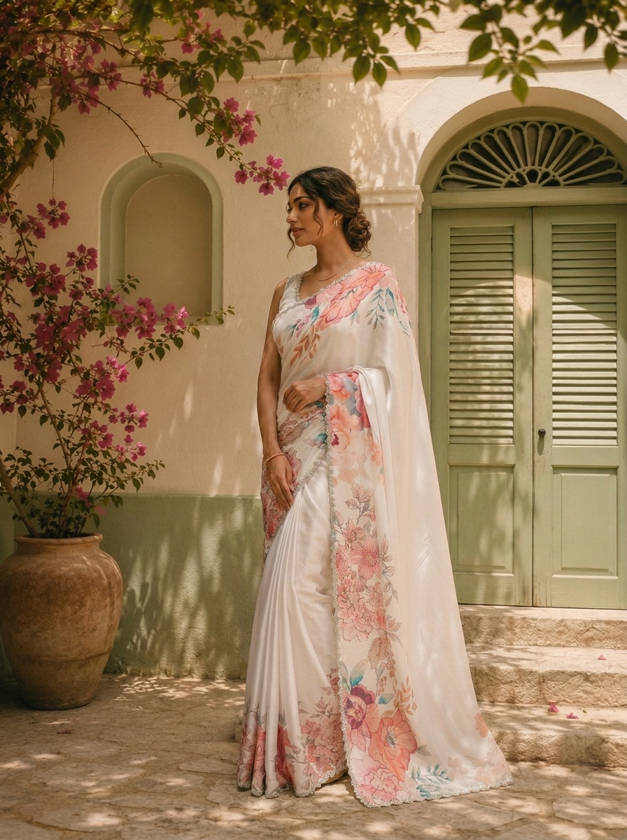 Off White Satin Digital Watercolor Floral Printed Saree