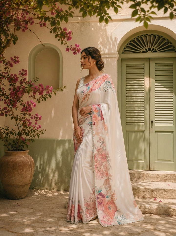 Off White Satin Digital Watercolor Floral Printed Saree