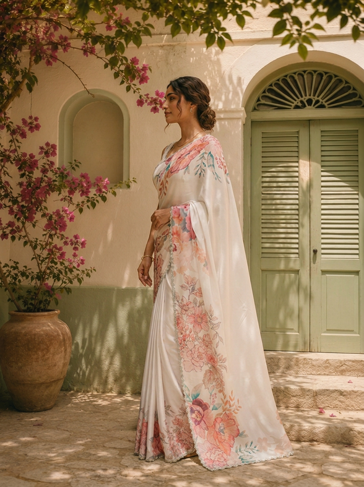 Off White Satin Digital Watercolor Floral Printed Saree