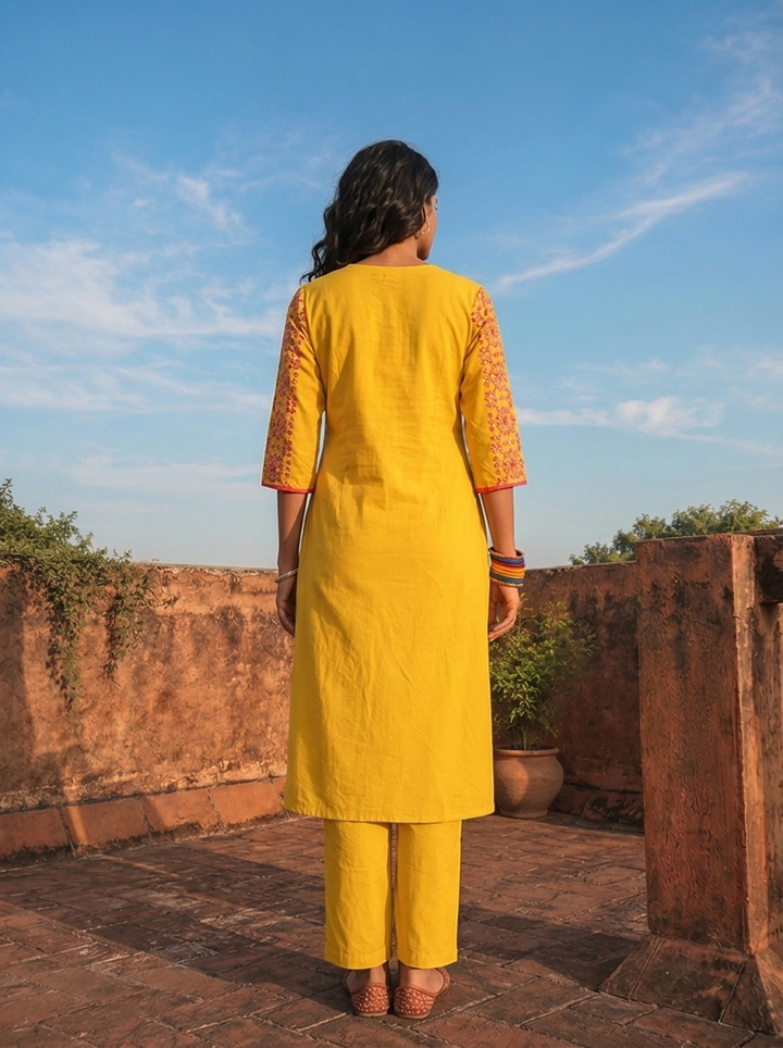 Mustard Cotton Solid With Thread Embroidered Two Piece Set