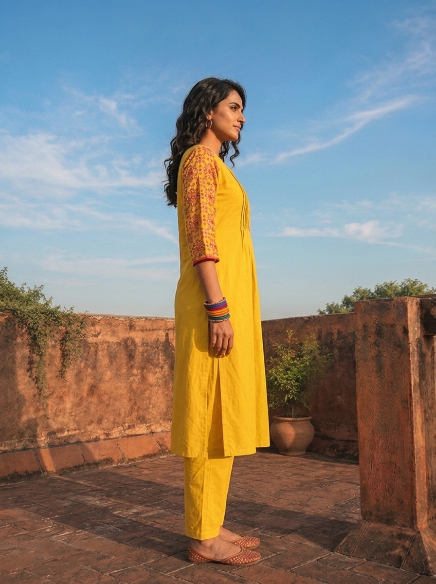 Mustard Cotton Solid With Thread Embroidered Two Piece Set