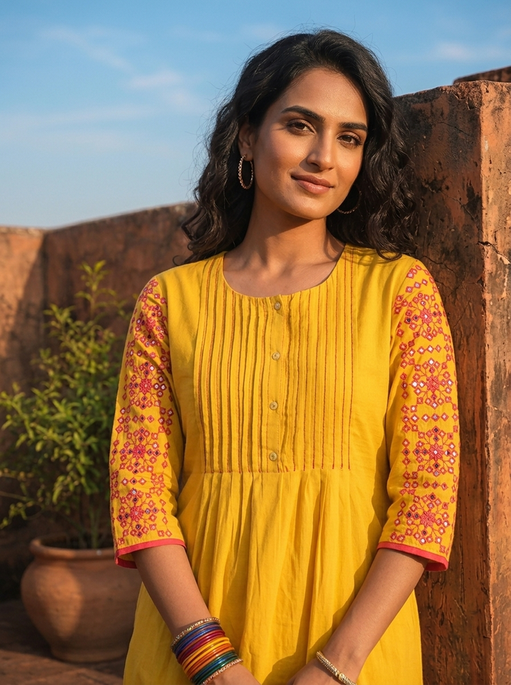 Mustard Cotton Solid With Thread Embroidered Two Piece Set
