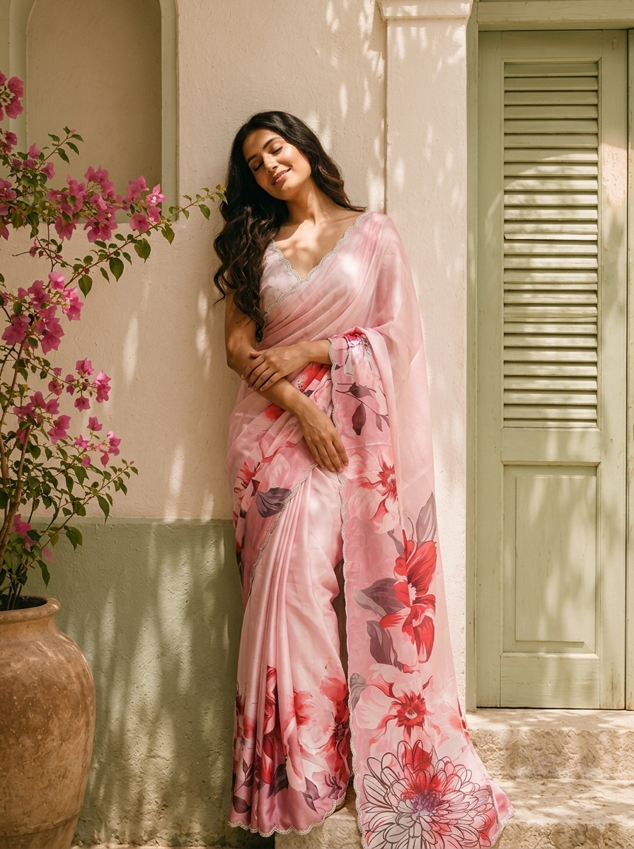 Peach Satin Large Digital Floral Printed Saree